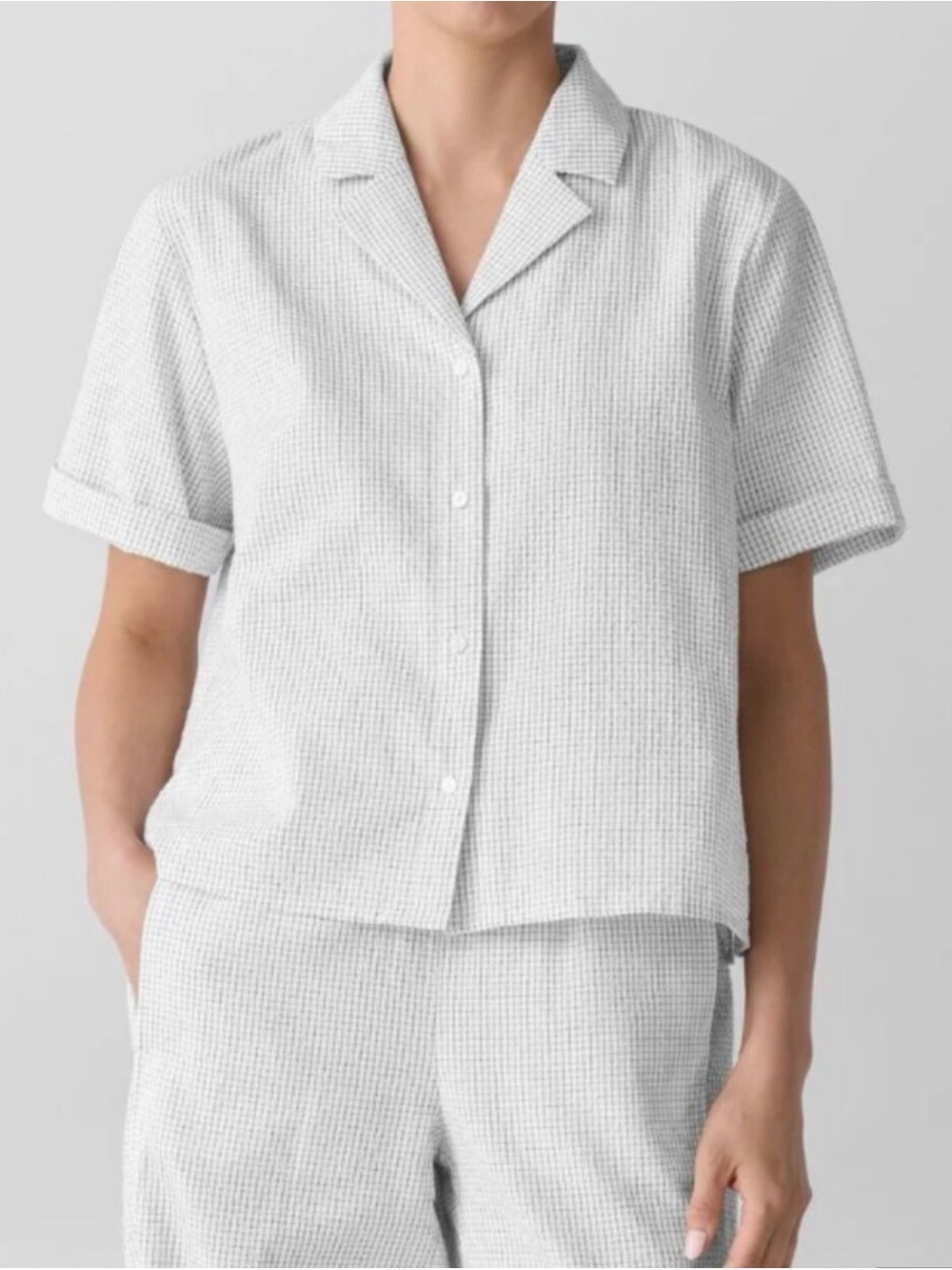 Eileen Fisher Organic Cotton Ripple Checkered Notch Collar Shirt - White Size M